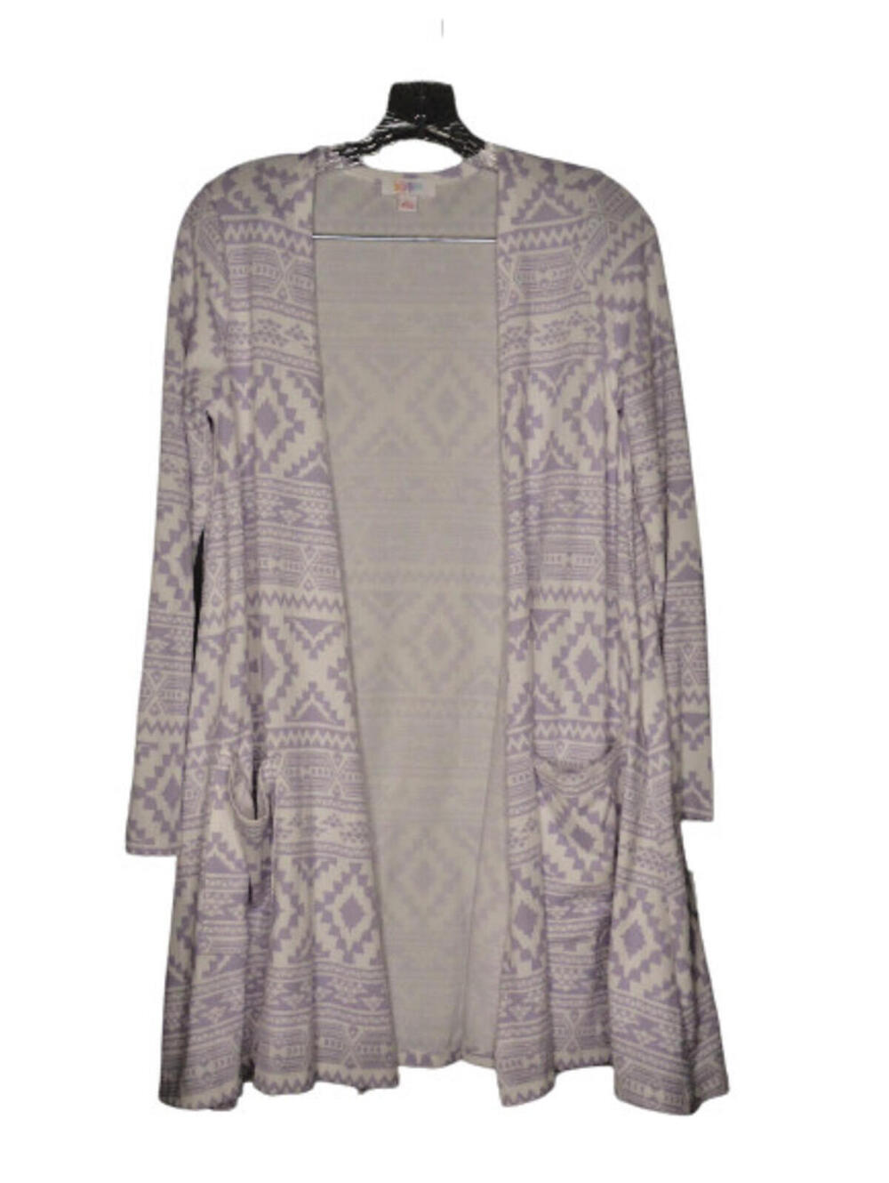 LuLaroe Caroline Cardigan Size Small Pockets Purple/ White Aztec Print